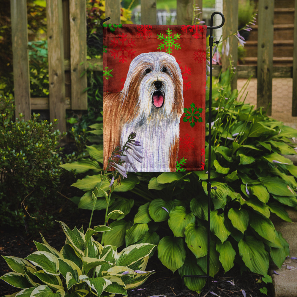 Bearded Collie Red and Green Snowflakes Holiday Christmas Flag Garden Size.