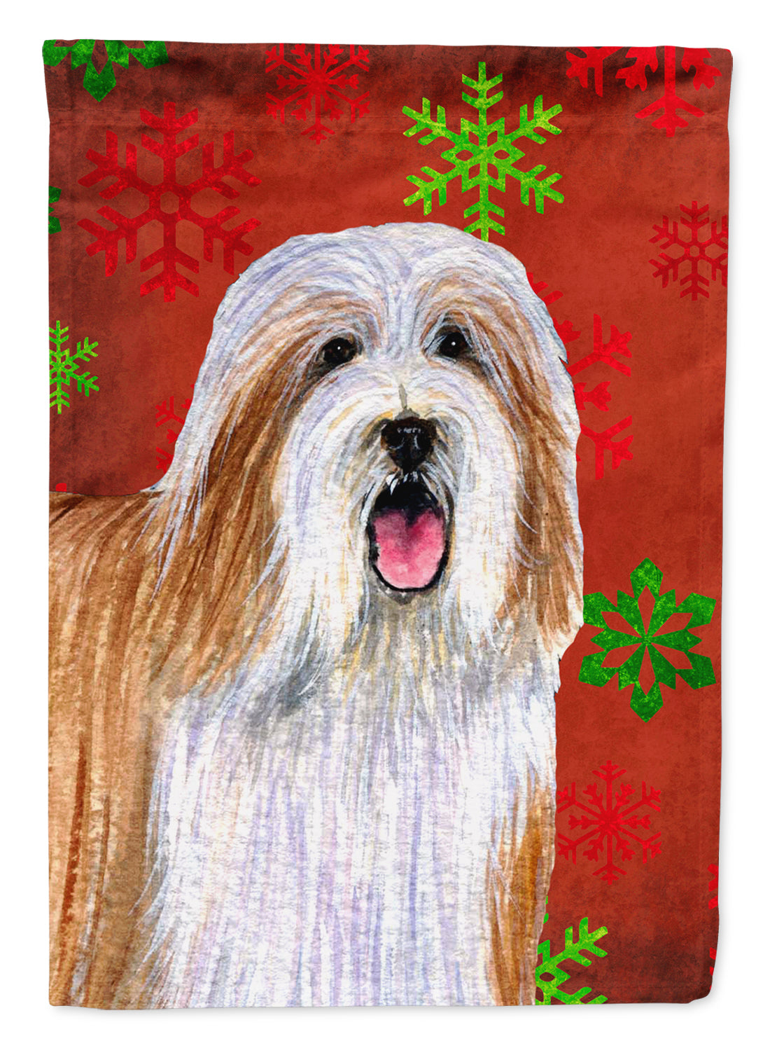 Bearded Collie Red and Green Snowflakes Holiday Christmas Flag Garden Size.