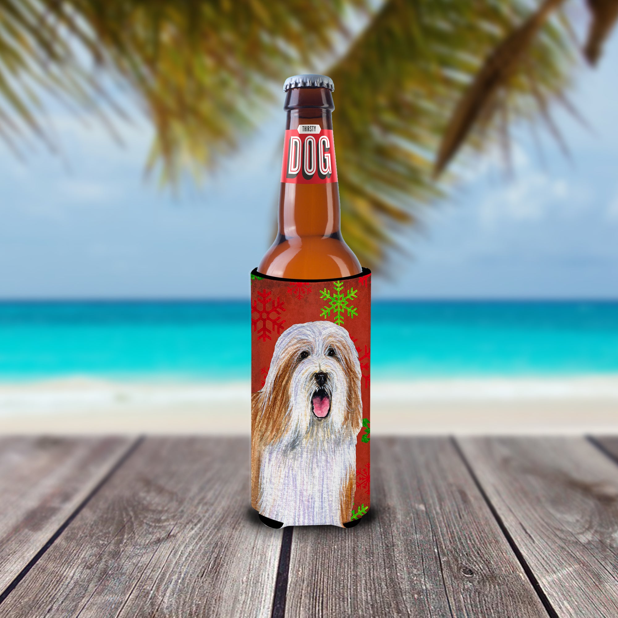 Bearded Collie Red and Green Snowflakes Holiday Christmas Ultra Beverage Insulators for slim cans LH9330MUK.