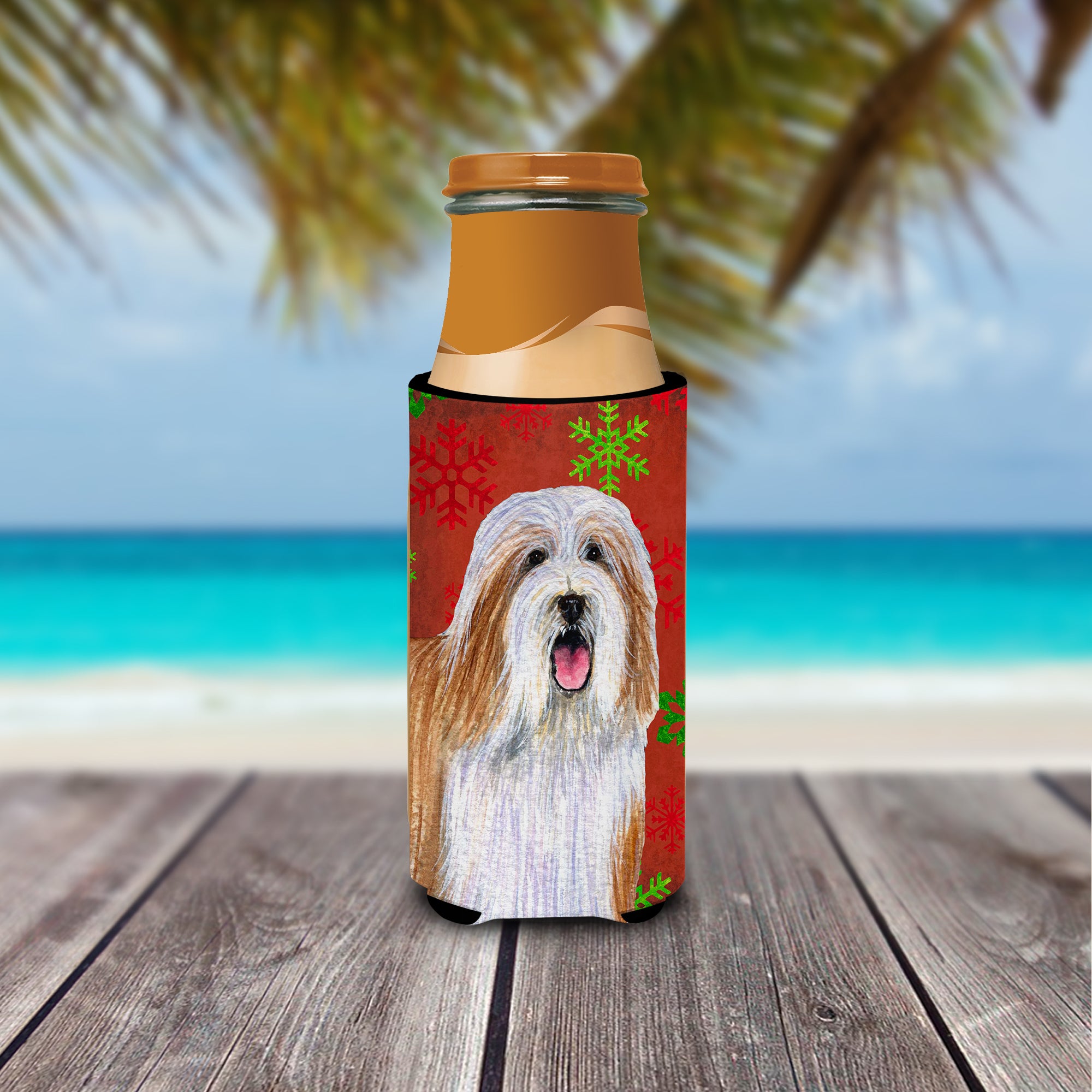 Bearded Collie Red and Green Snowflakes Holiday Christmas Ultra Beverage Insulators for slim cans LH9330MUK.