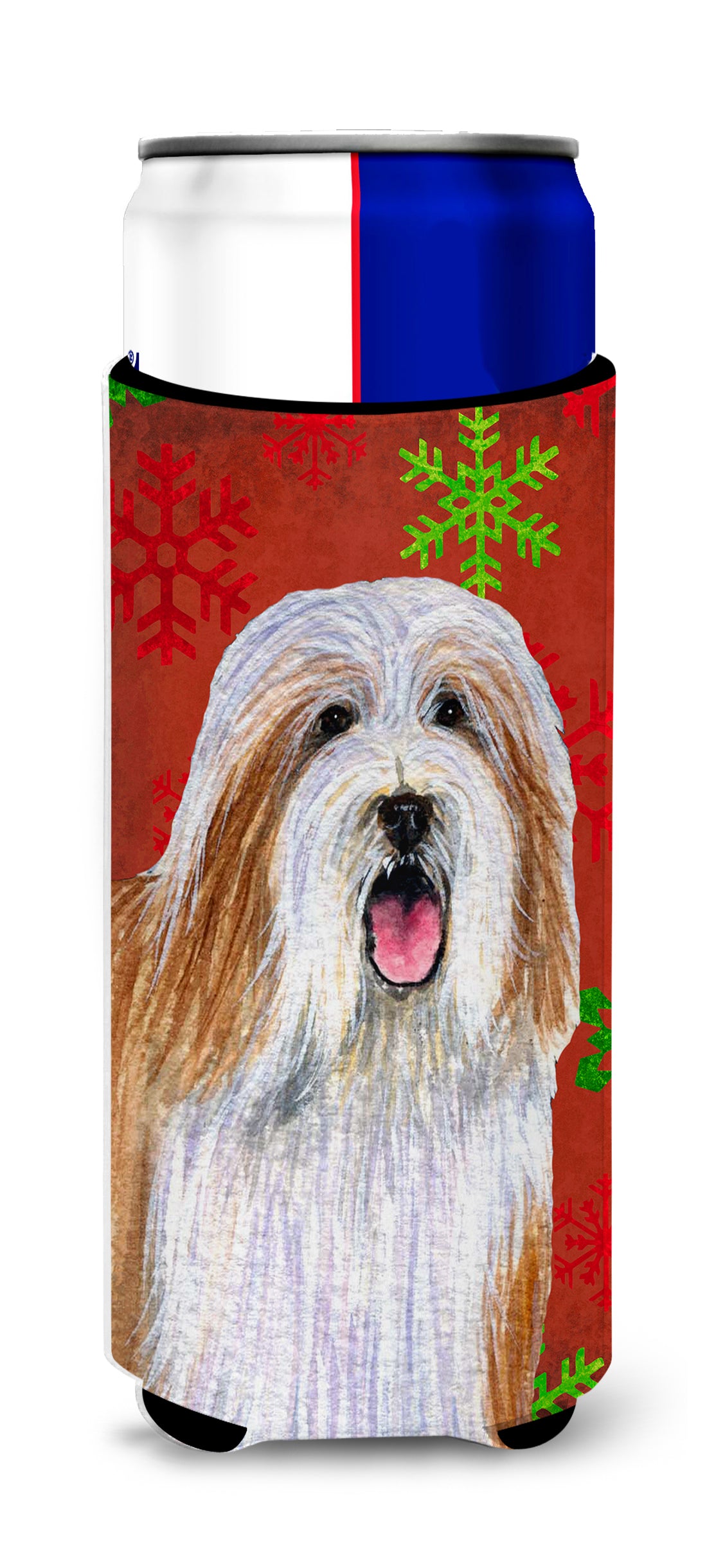 Bearded Collie Red and Green Snowflakes Holiday Christmas Ultra Beverage Insulators for slim cans LH9330MUK.