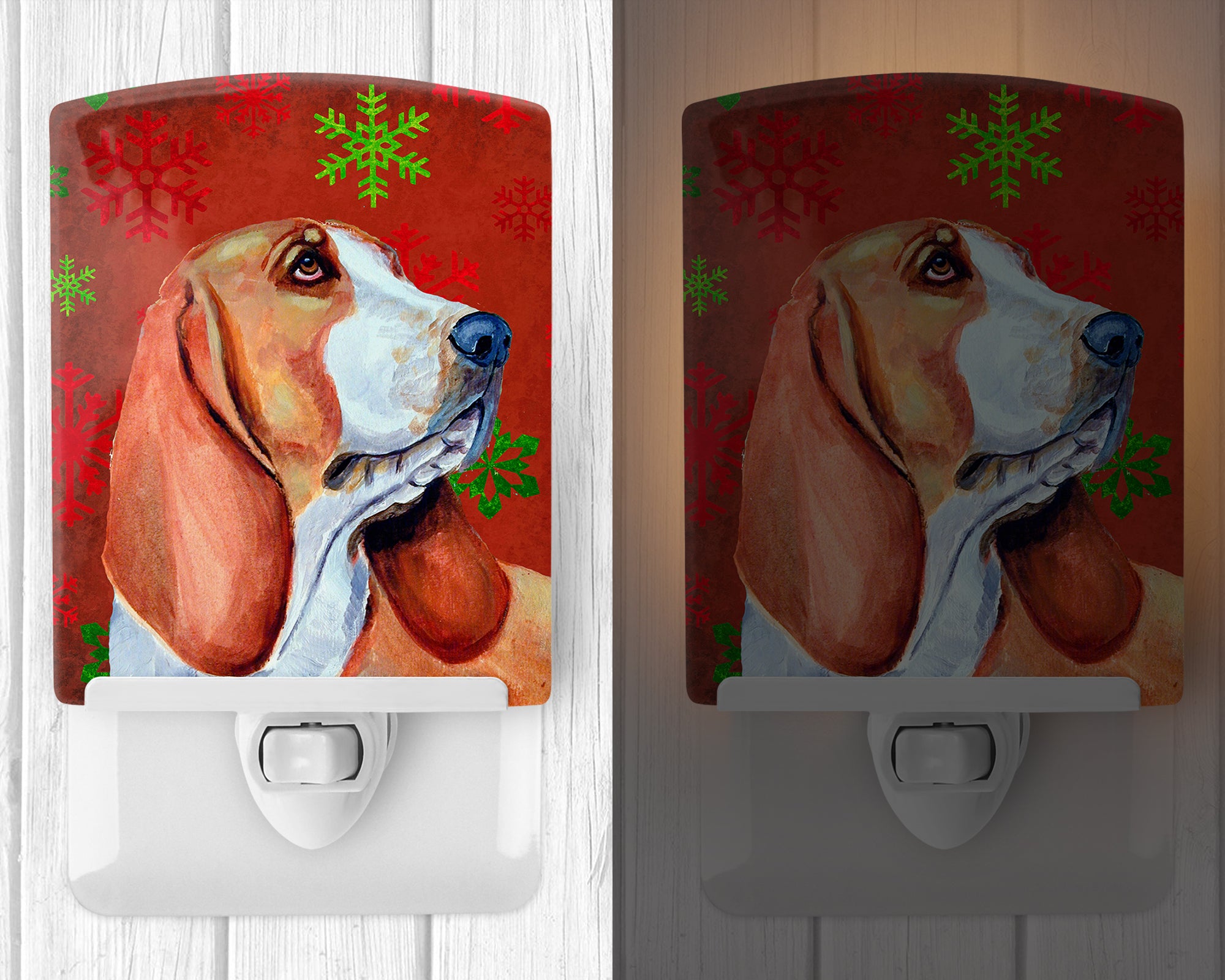 Basset Hound Red and Green Snowflakes Holiday Christmas Ceramic Night Light LH9332CNL - the-store.com