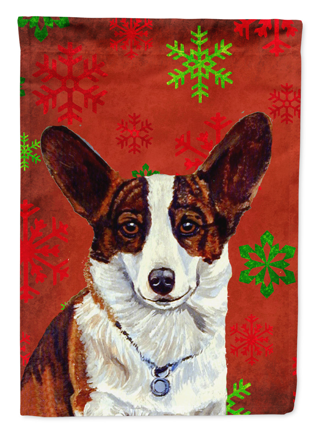 Corgi Red and Green Snowflakes Holiday Christmas Flag Garden Size.