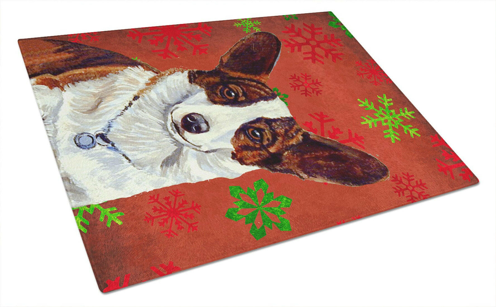 Corgi Red and Green Snowflakes Holiday Christmas Glass Cutting Board Large by Caroline's Treasures