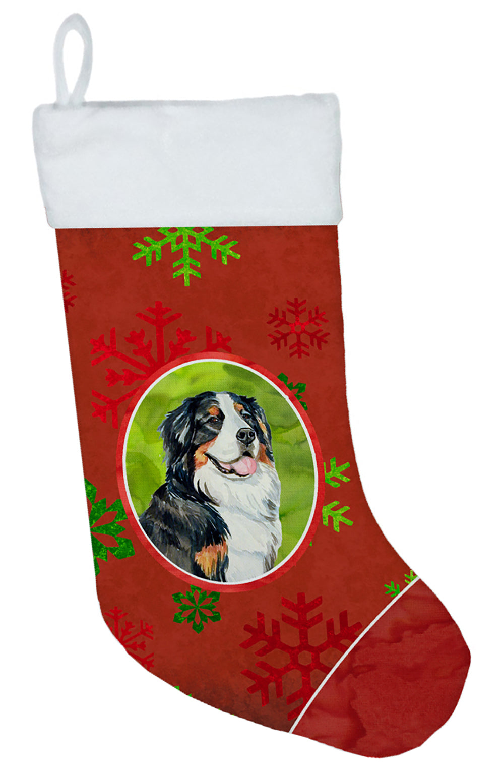 Bernese Mountain Dog Red and Green Snowflakes Holiday Christmas Stocking  the-store.com.