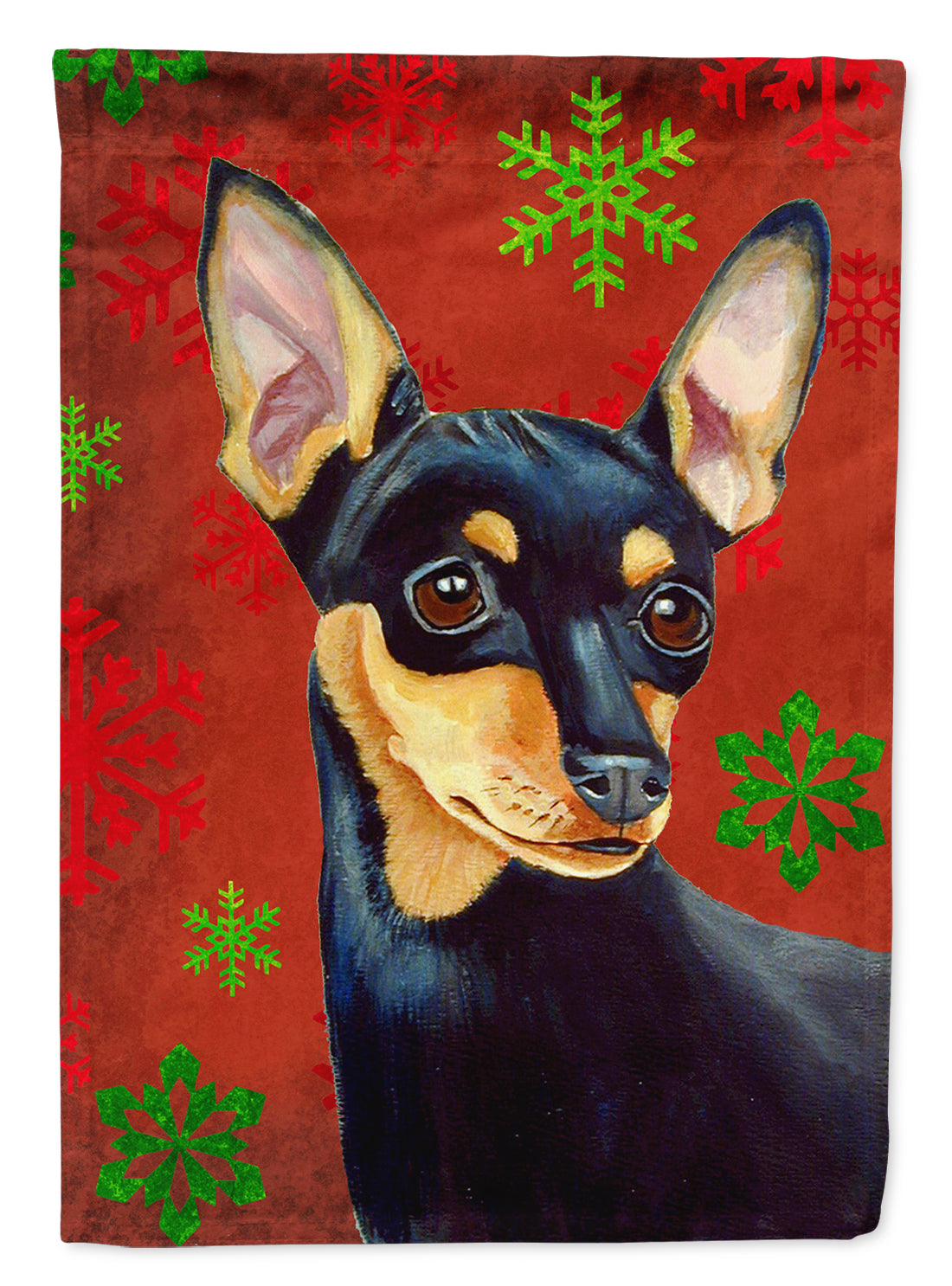 Min Pin Red and Green Snowflakes Holiday Christmas Flag Canvas House Size  the-store.com.