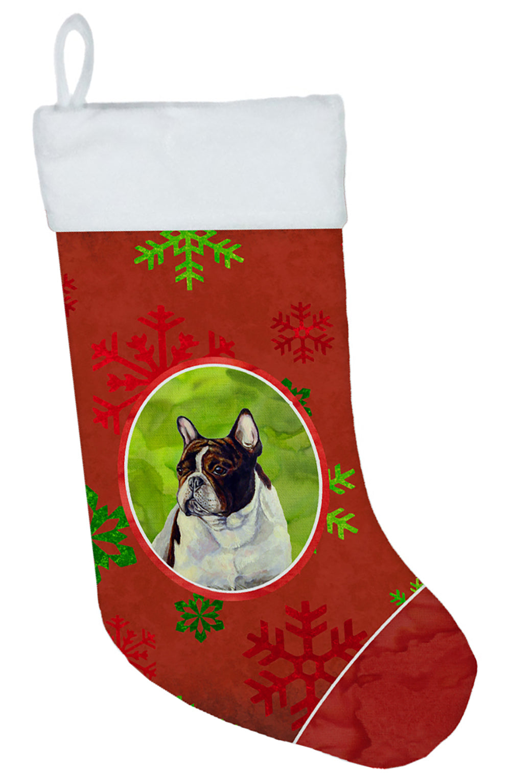 French Bulldog Red and Green Snowflakes Holiday Christmas Stocking  the-store.com.