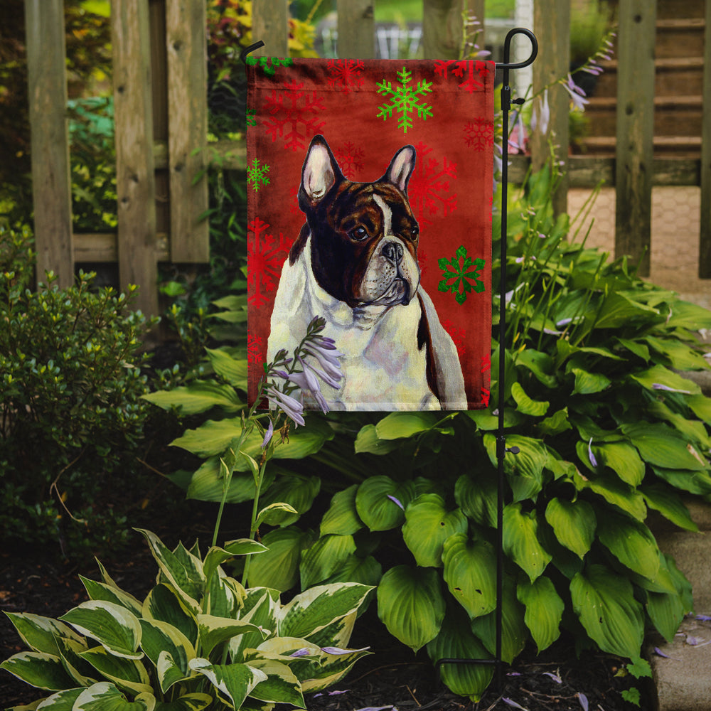 French Bulldog Red and Green Snowflakes Holiday Christmas Flag Garden Size.