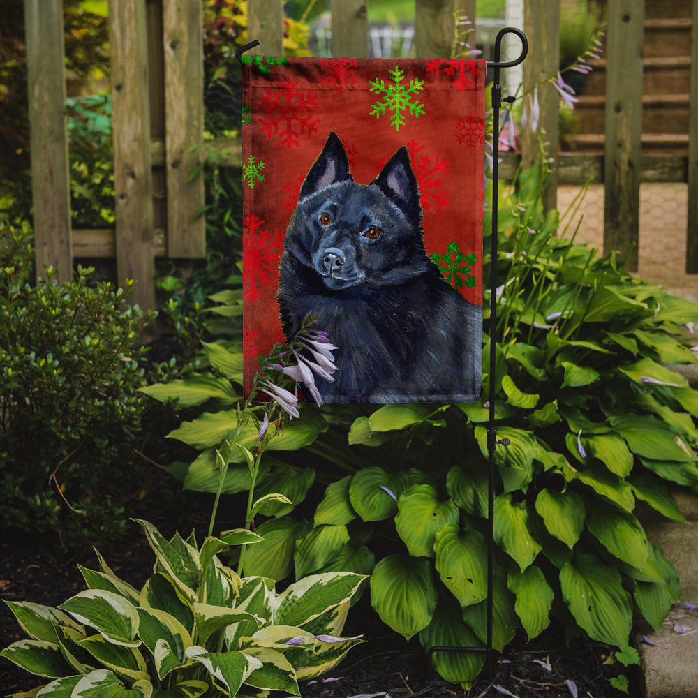 Schipperke Red and Green Snowflakes Holiday Christmas Flag Garden Size.