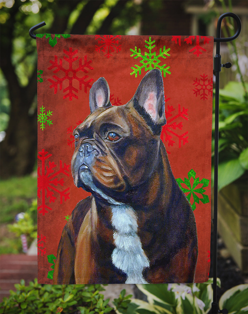 French Bulldog Red and Green Snowflakes Holiday Christmas Flag Garden Size.