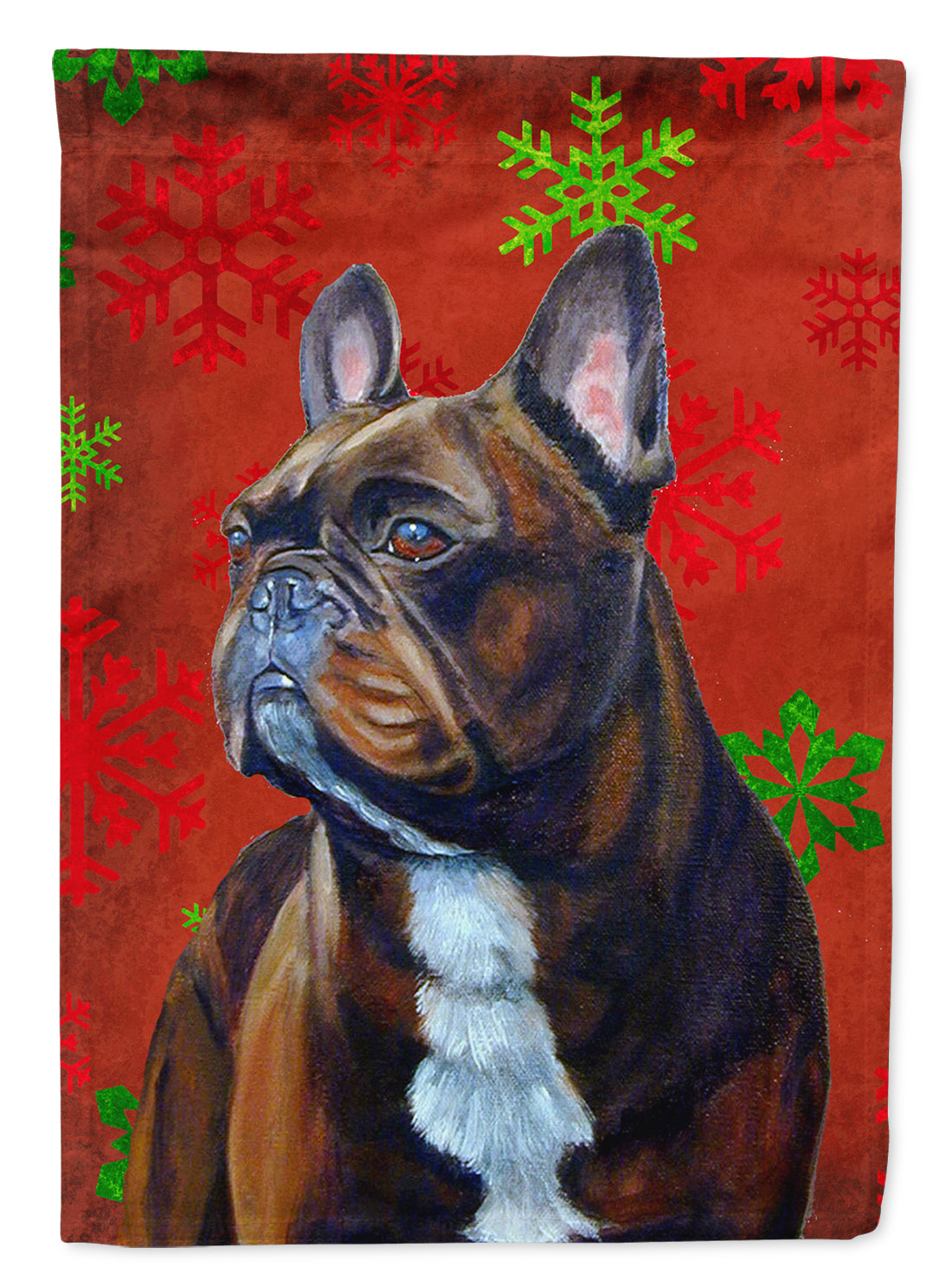 French Bulldog Red and Green Snowflakes Holiday Christmas Flag Garden Size.