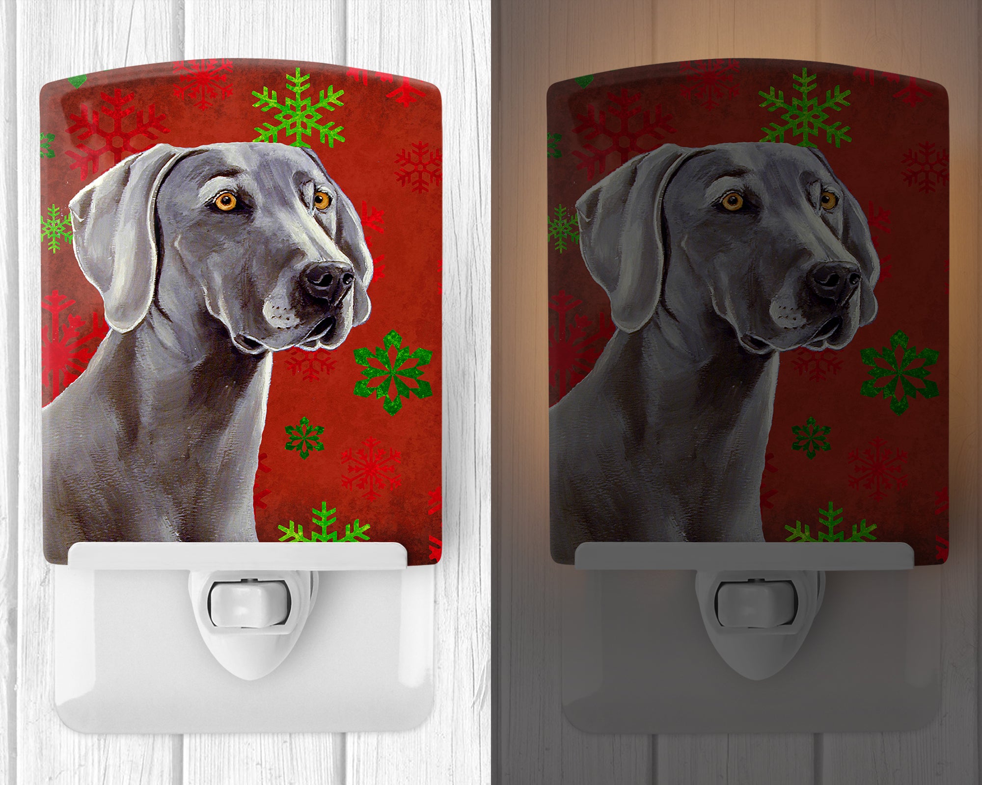 Weimaraner Red and Green Snowflakes Holiday Christmas Ceramic Night Light LH9341CNL - the-store.com