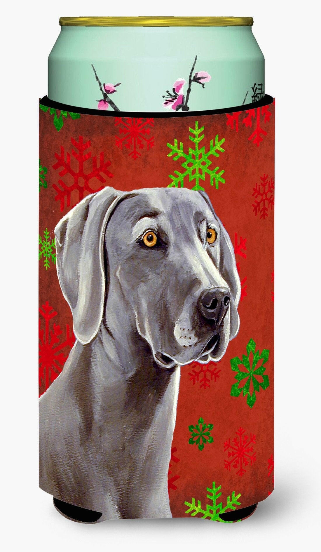 Weimaraner Red and Green Snowflakes Holiday Christmas  Tall Boy Beverage Insulator Beverage Insulator Hugger by Caroline&#39;s Treasures