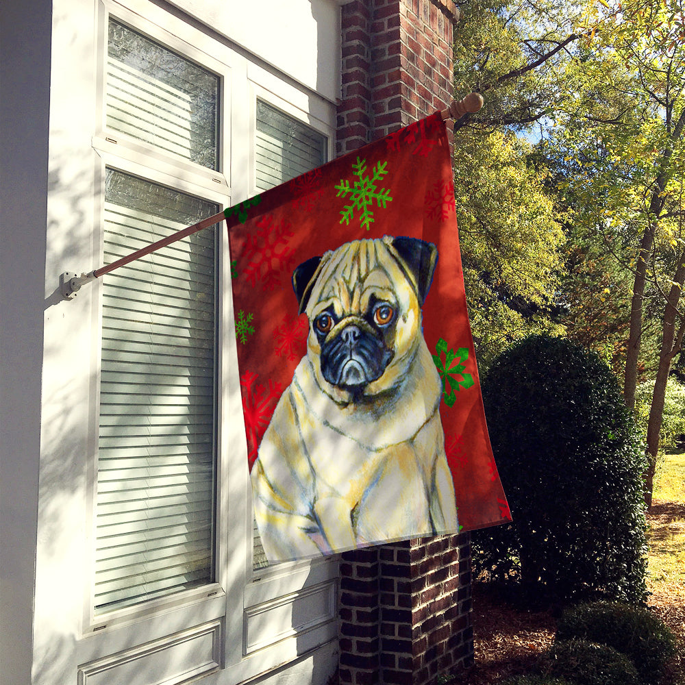 Pug Red and Green Snowflakes Holiday Christmas Flag Canvas House Size  the-store.com.