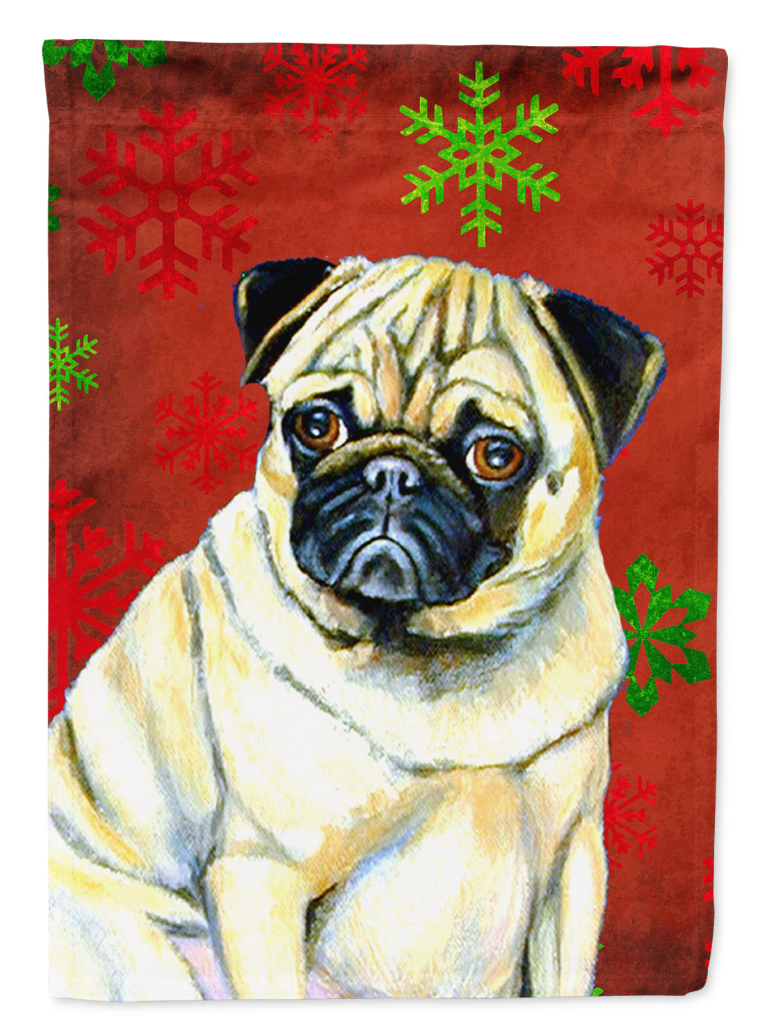 Pug Red and Green Snowflakes Holiday Christmas Flag Canvas House Size  the-store.com.