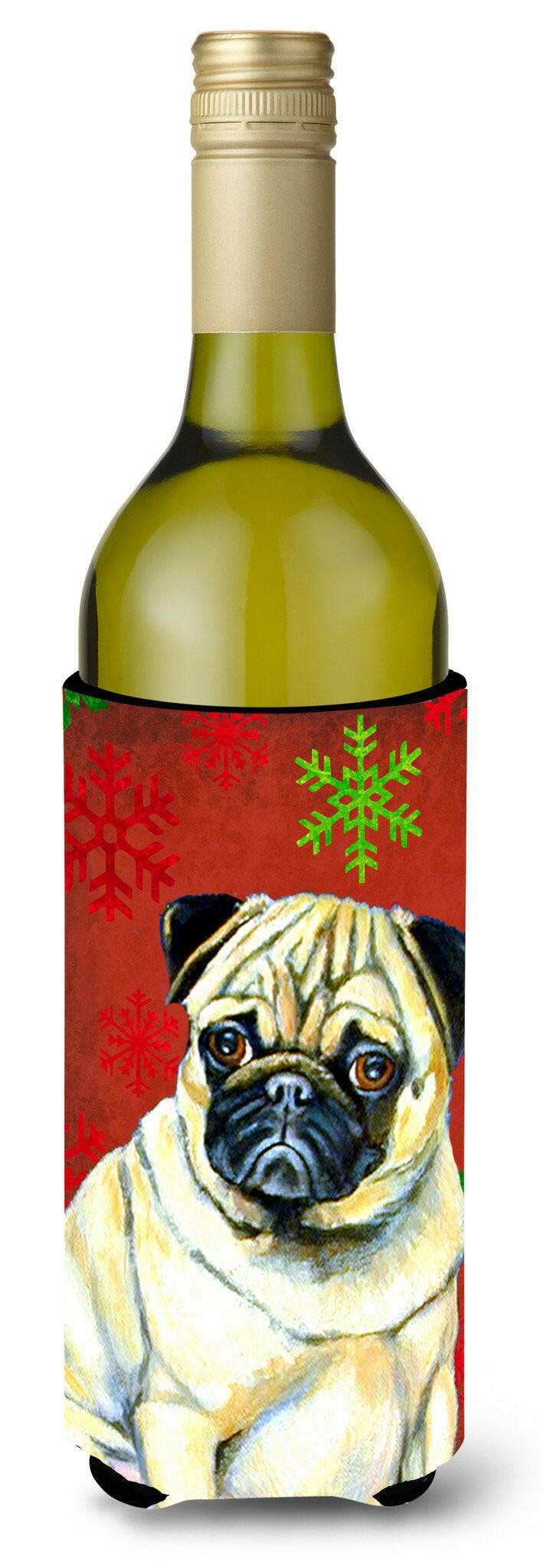 Pug Red and Green Snowflakes Holiday Christmas Wine Bottle Beverage Insulator Beverage Insulator Hugger by Caroline's Treasures