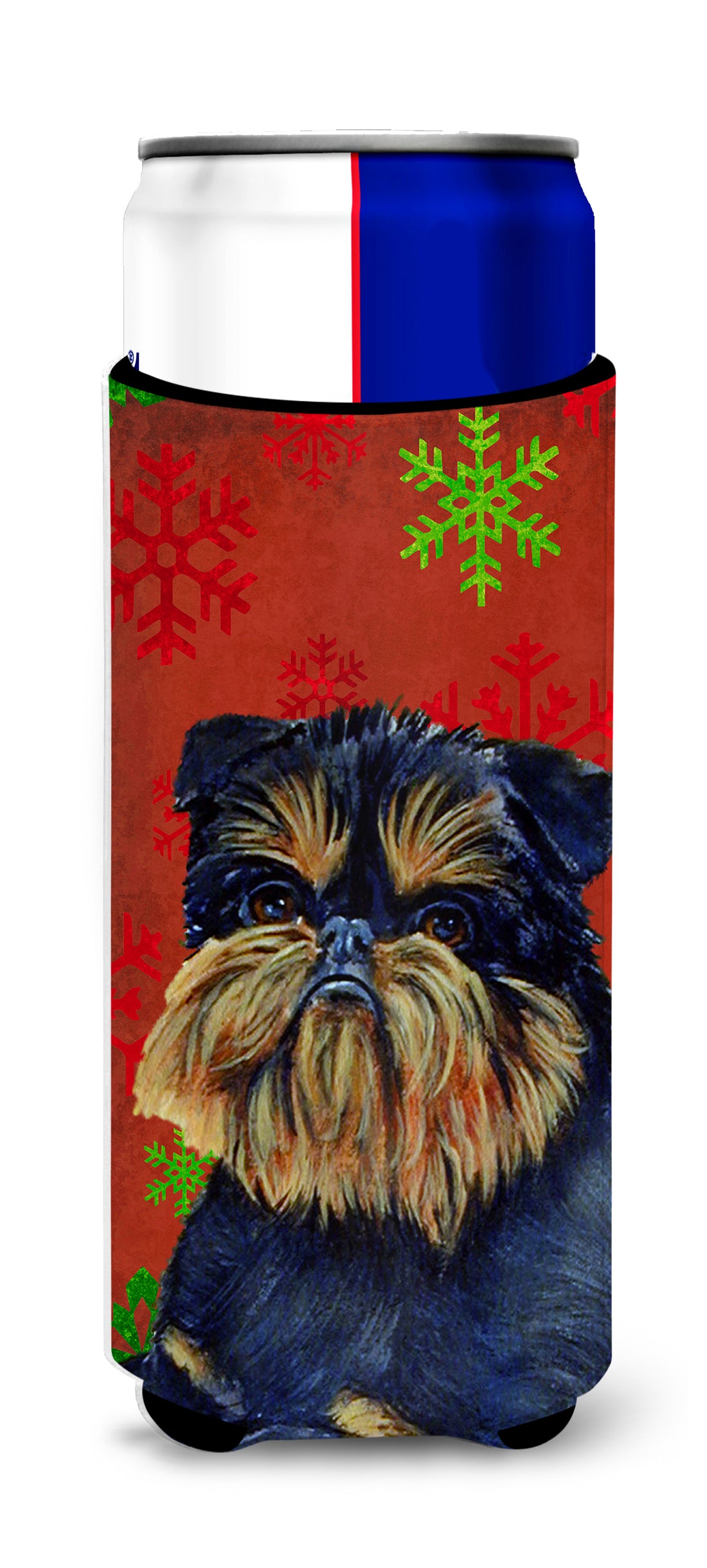 Brussels Griffon Red and Green Snowflakes Holiday Christmas Ultra Beverage Insulators for slim cans LH9343MUK.