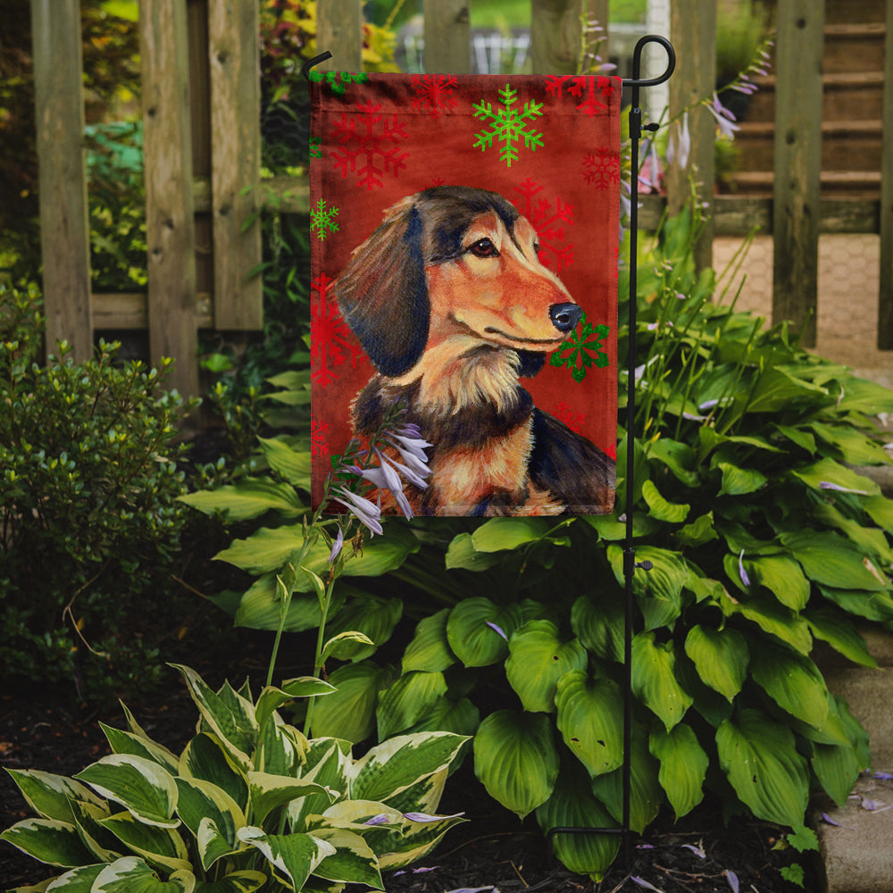 Dachshund Red and Green Snowflakes Holiday Christmas Flag Garden Size.