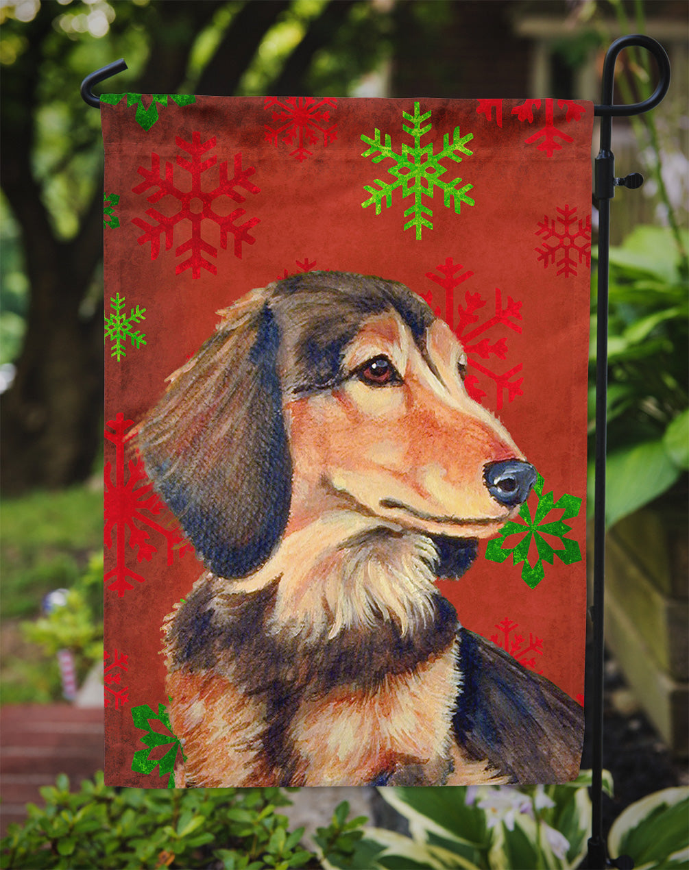 Dachshund Red and Green Snowflakes Holiday Christmas Flag Garden Size.