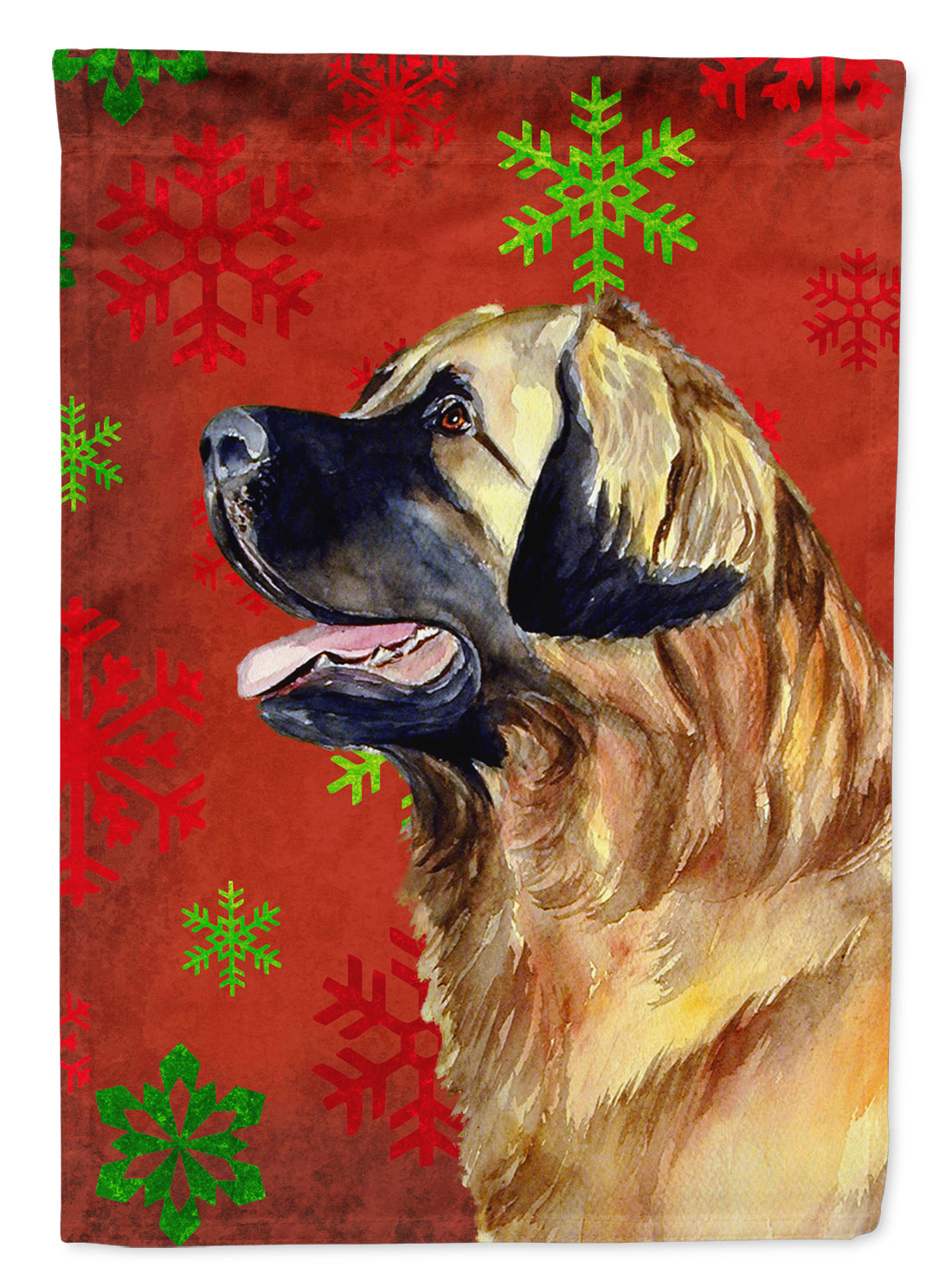 Leonberger Red and Green Snowflakes Holiday Christmas Flag Canvas House Size  the-store.com.