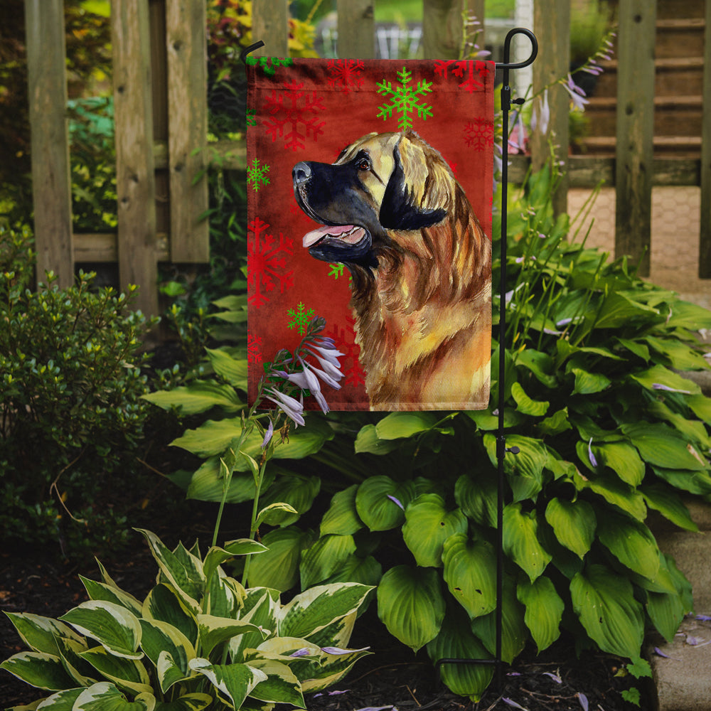 Leonberger Red and Green Snowflakes Holiday Christmas Flag Garden Size.