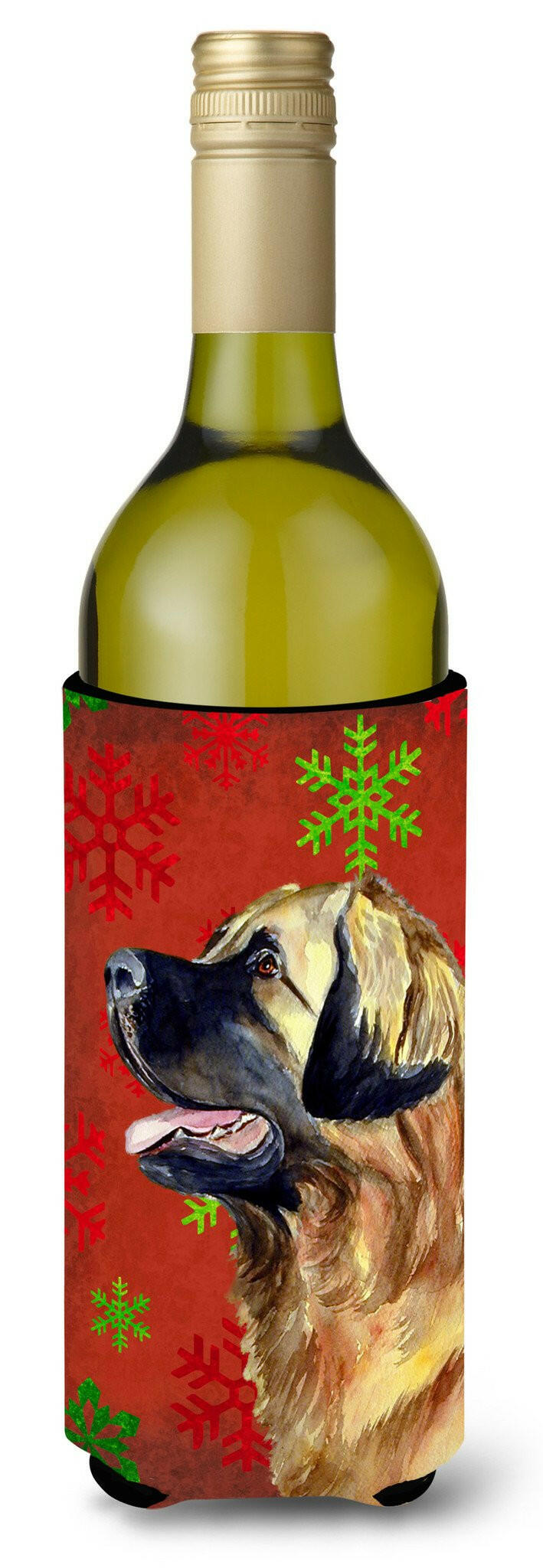 Leonberger Red and Green Snowflakes Holiday Christmas Wine Bottle Beverage Insulator Beverage Insulator Hugger by Caroline's Treasures