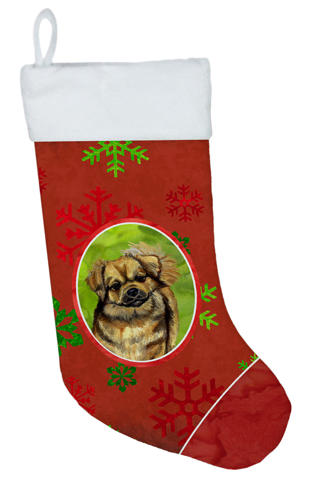 Tibetan Spaniel Red and Green Snowflakes Holiday Christmas  Stocking  the-store.com.