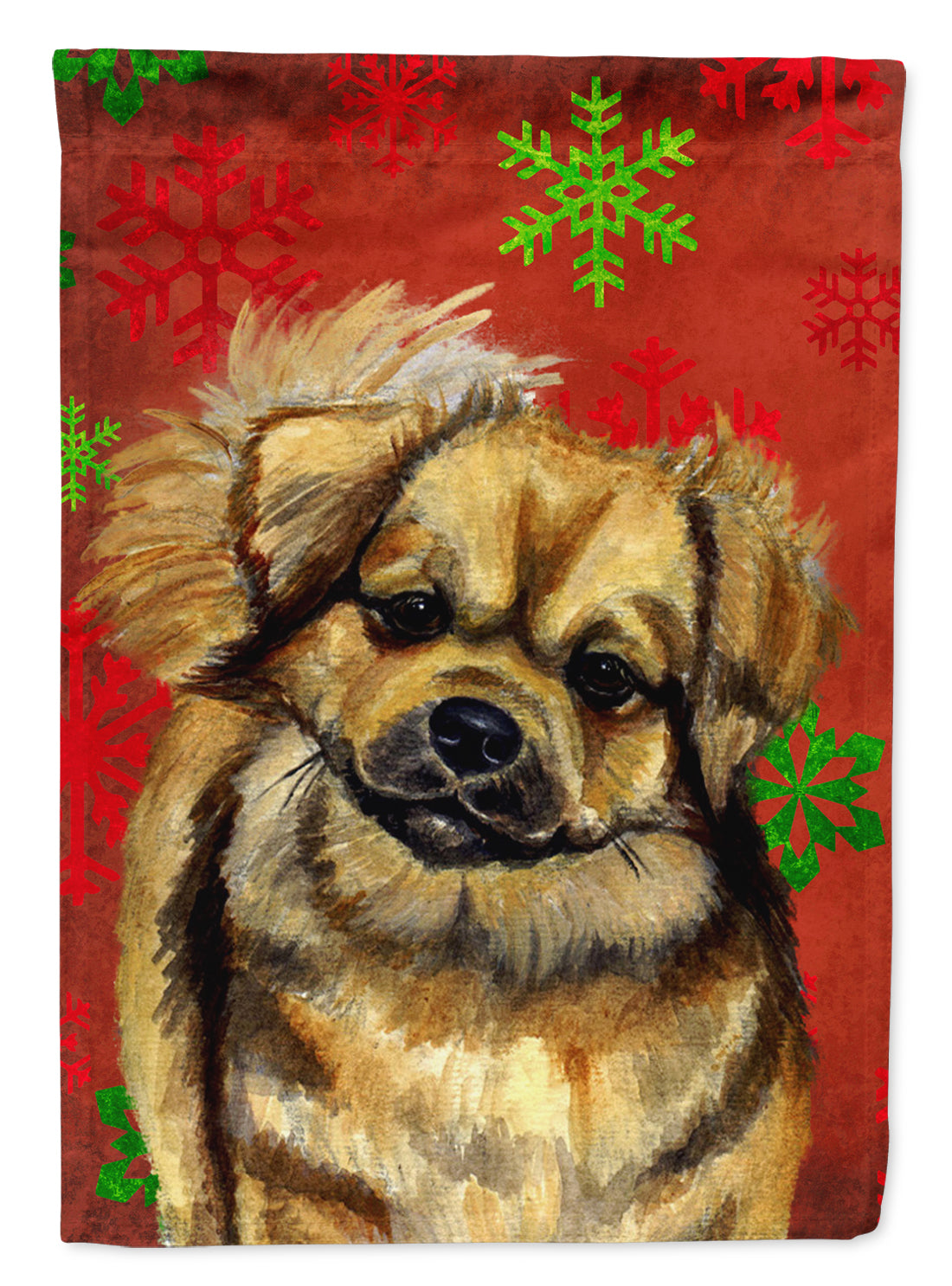 Tibetan Spaniel Red Green Snowflake Holiday Christmas Flag Garden Size.