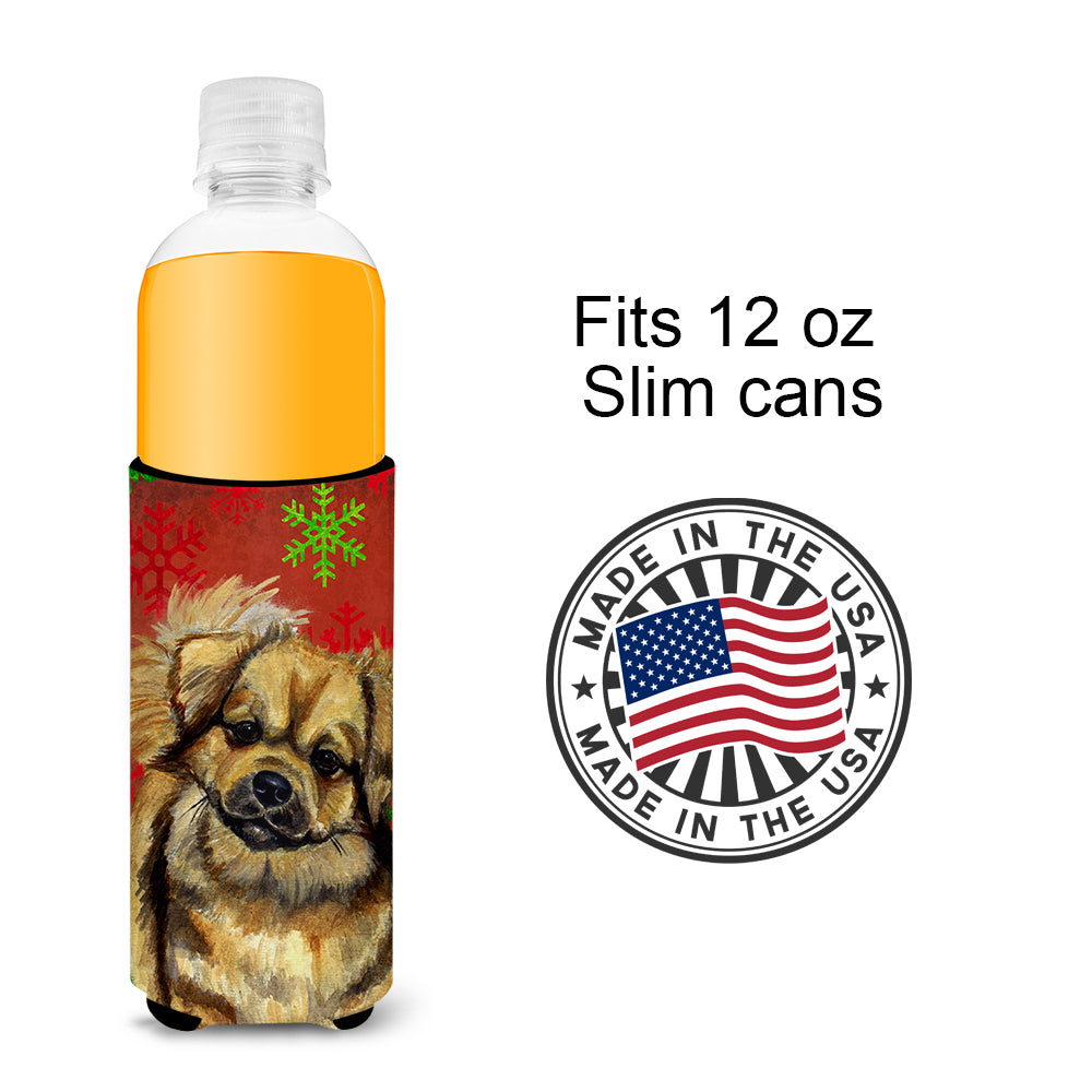 Tibetan Spaniel Red Green Snowflake Holiday Christmas Ultra Beverage Insulators for slim cans LH9349MUK.