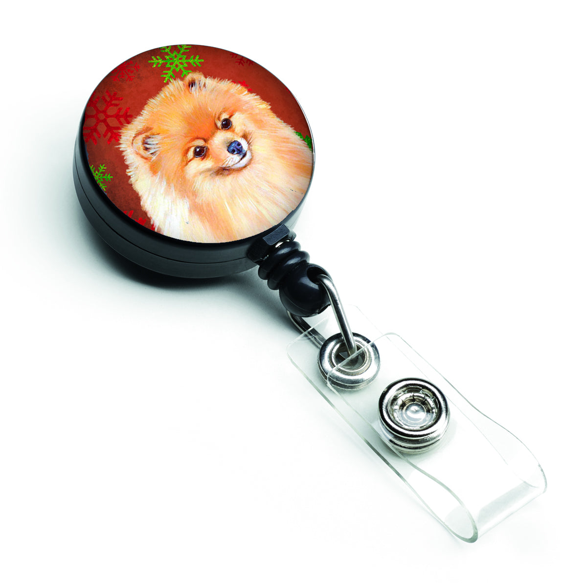 Pomeranian Red and Green Snowflakes Holiday Christmas Retractable Badge Reel LH9350BR  the-store.com.