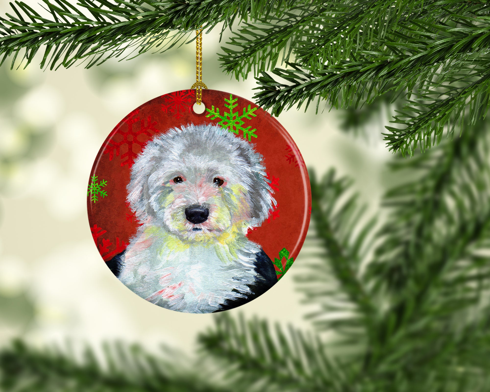 Old English Sheepdog Red Snowflake Holiday Christmas Ceramic Ornament LH9351 - the-store.com