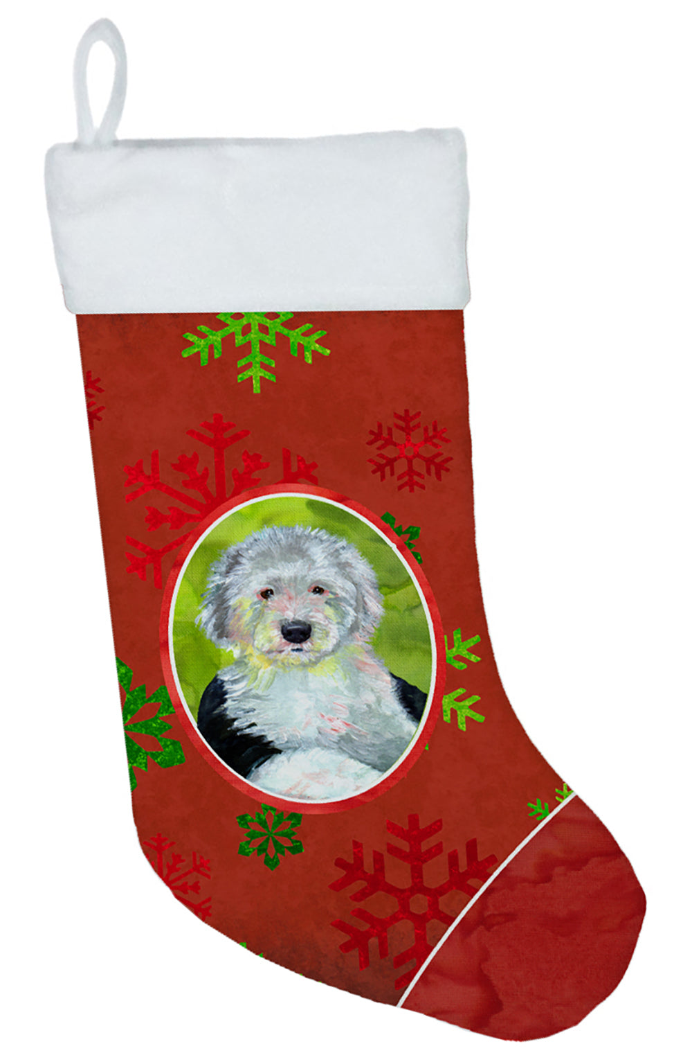 Old English Sheepdog Red Green Snowflakes Holiday Christmas  Stocking  the-store.com.