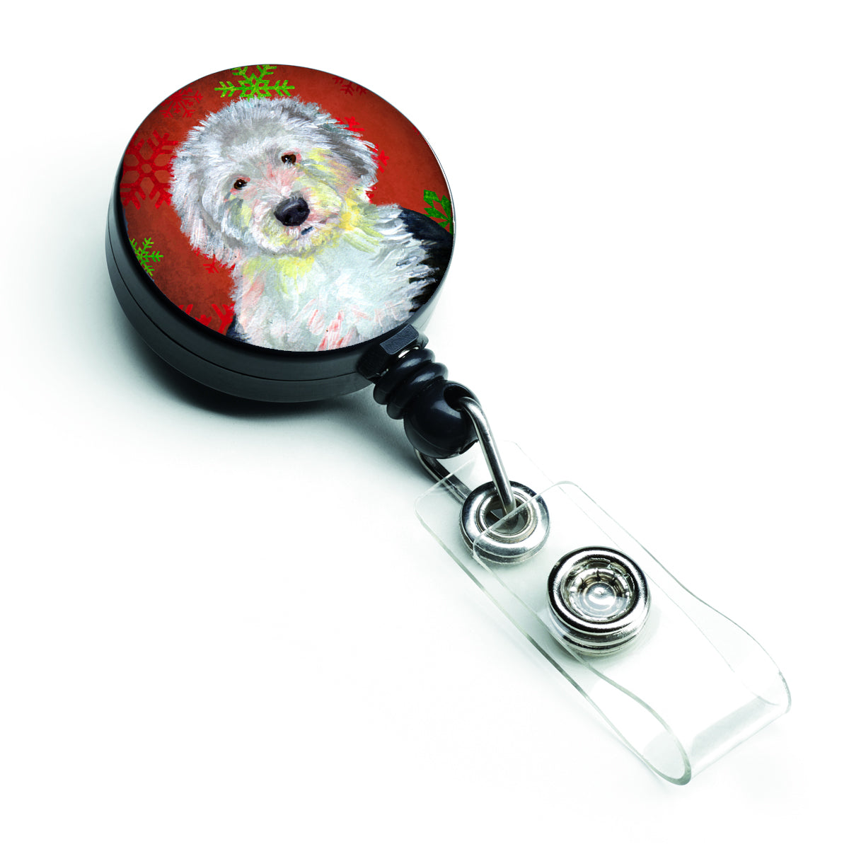 Old English Sheepdog Red  Green Snowflakes Holiday Christmas Retractable Badge Reel LH9351BR  the-store.com.