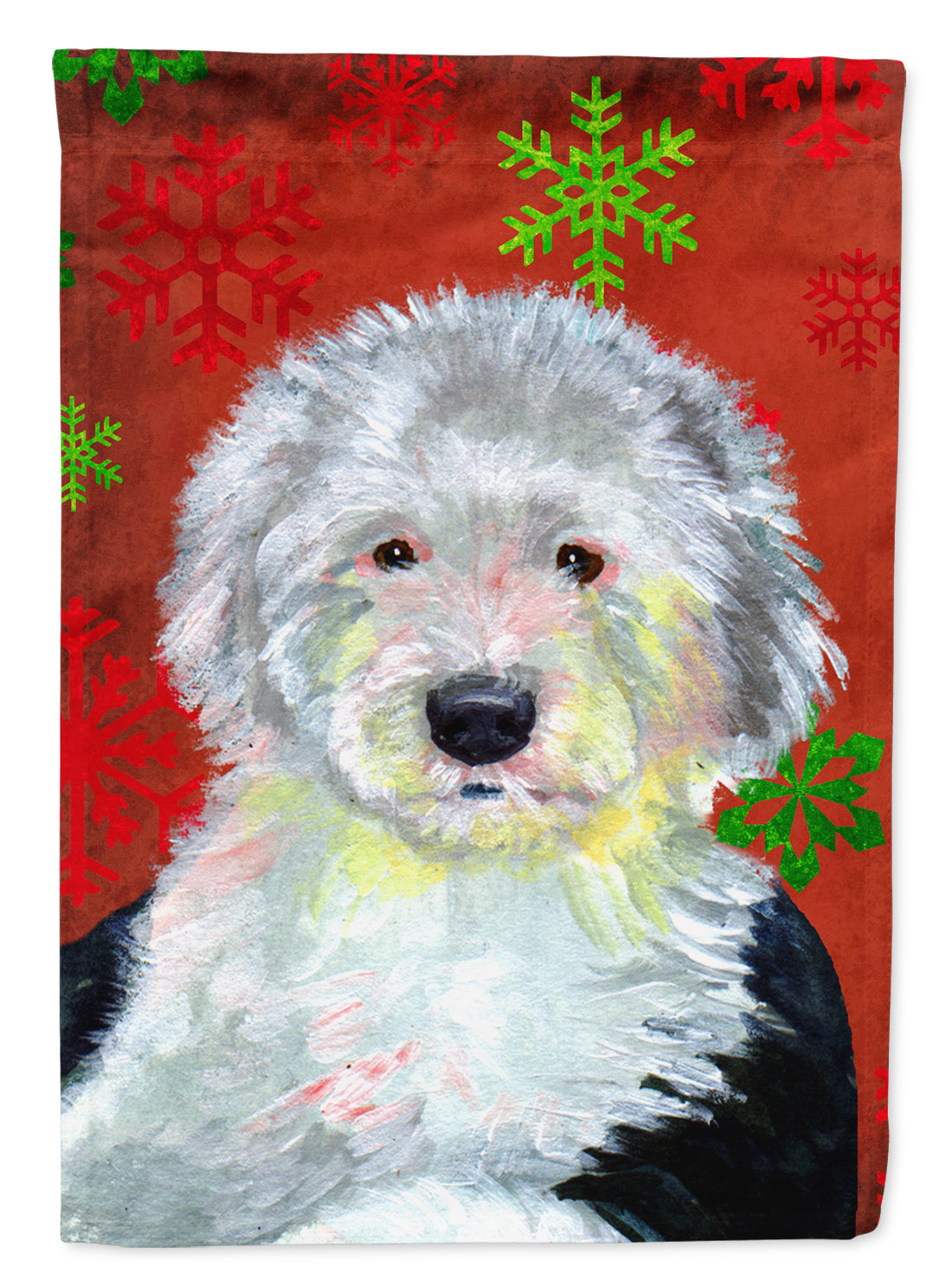 Old English Sheepdog Red Snowflakes Holiday Christmas Flag Canvas House Size  the-store.com.