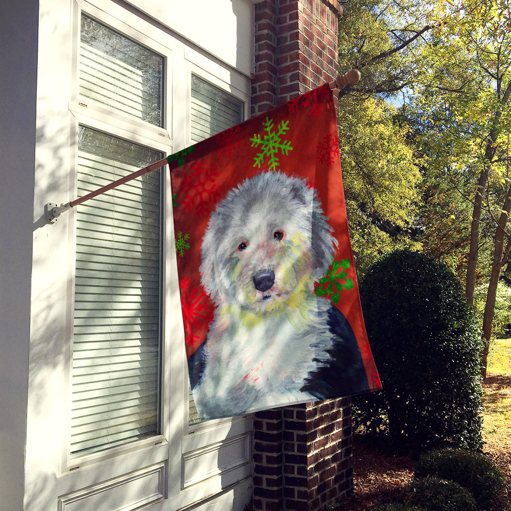 Old English Sheepdog Red Snowflakes Holiday Christmas Flag Canvas House Size  the-store.com.