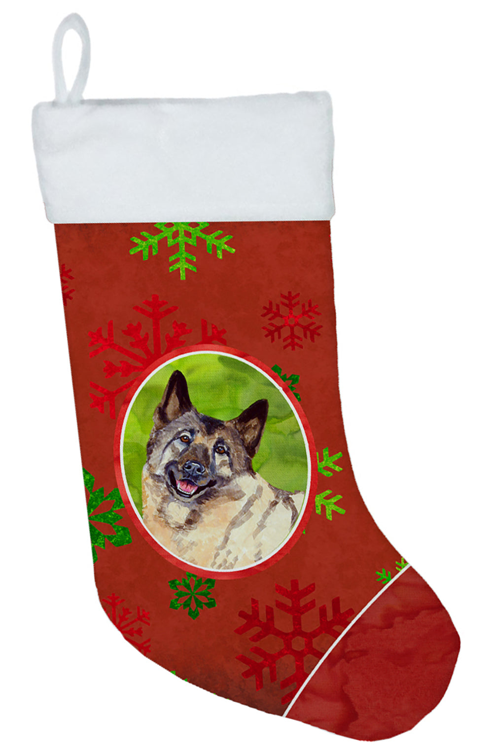 Norwegian Elkhound Red Green Snowflakes Holiday Christmas  Stocking  the-store.com.