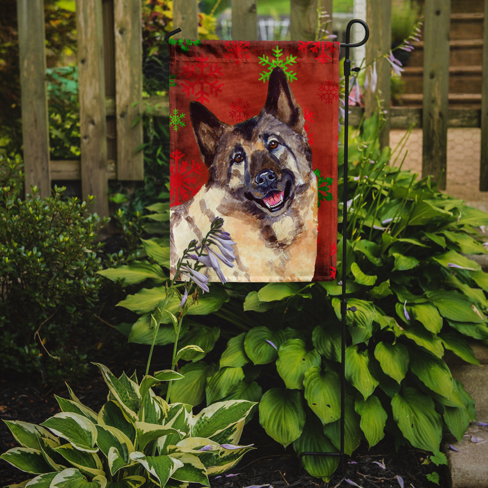 Norwegian Elkhound Red and Green Snowflakes Holiday Christmas Flag Garden Size.