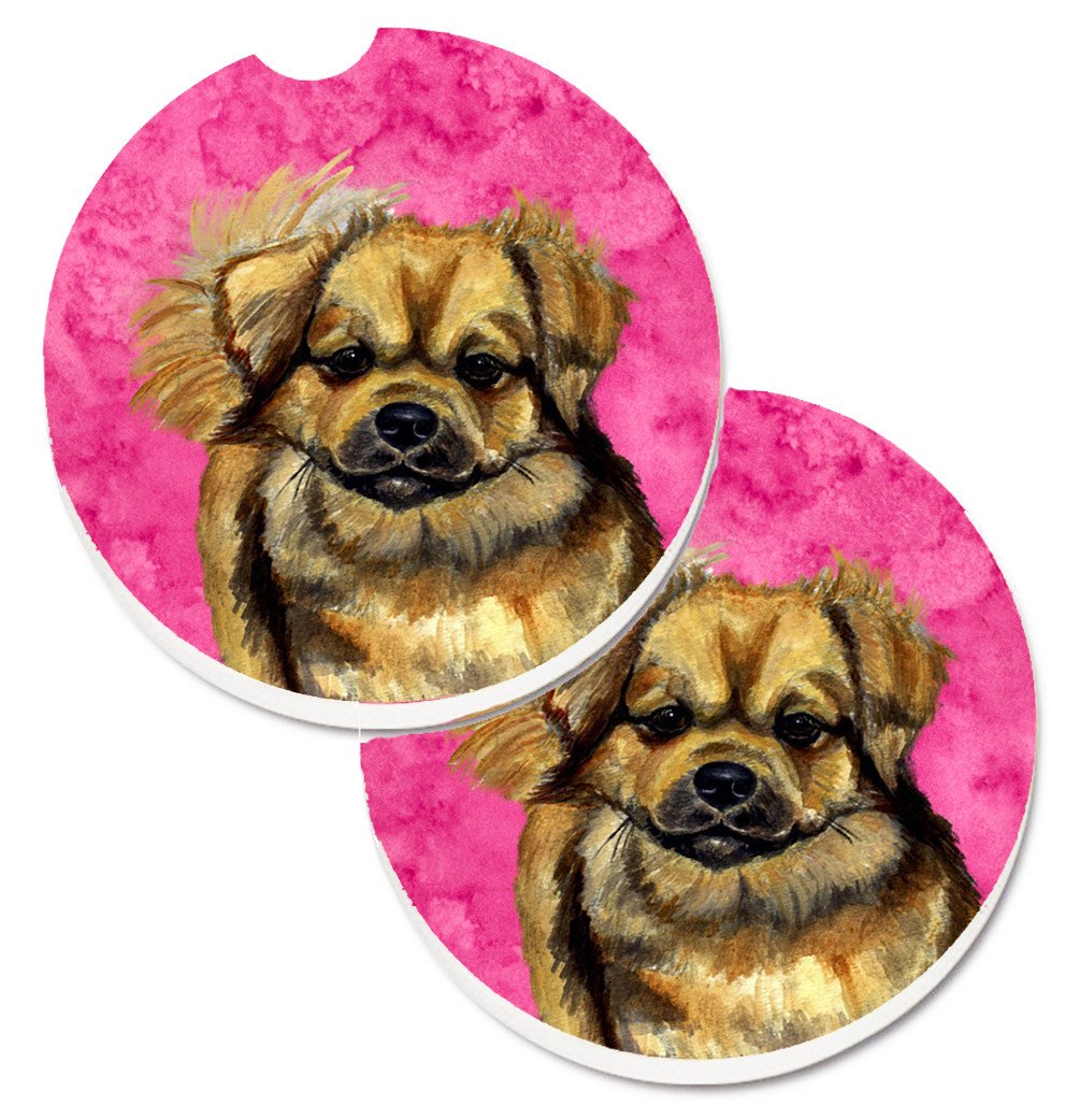 Pink Tibetan Spaniel Set of 2 Cup Holder Car Coasters LH9394PKCARC by Caroline's Treasures