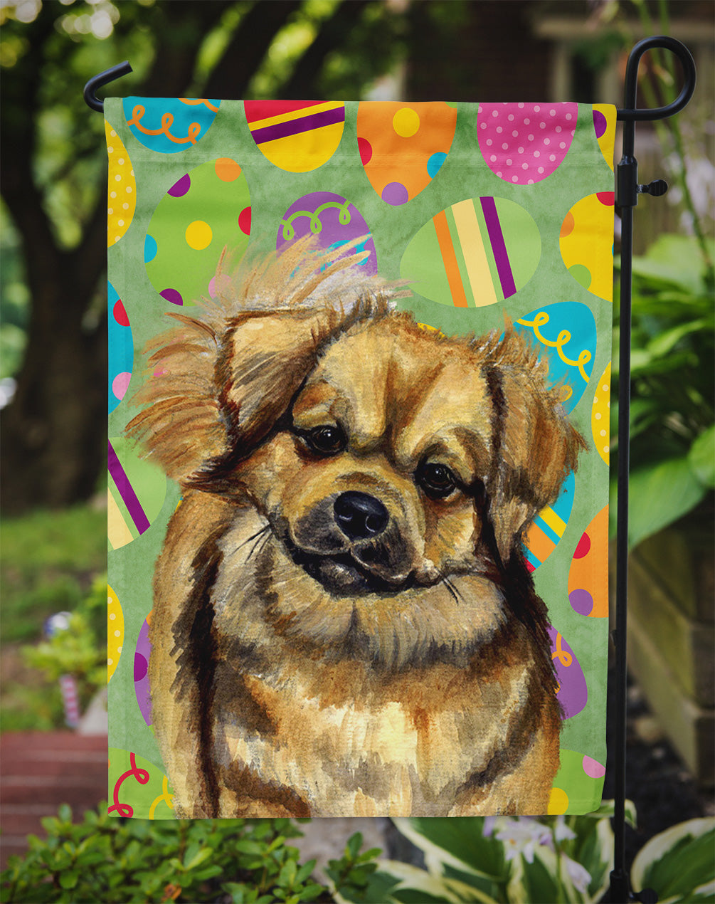 Tibetan Spaniel Easter Eggtravaganza Flag Garden Size  the-store.com.