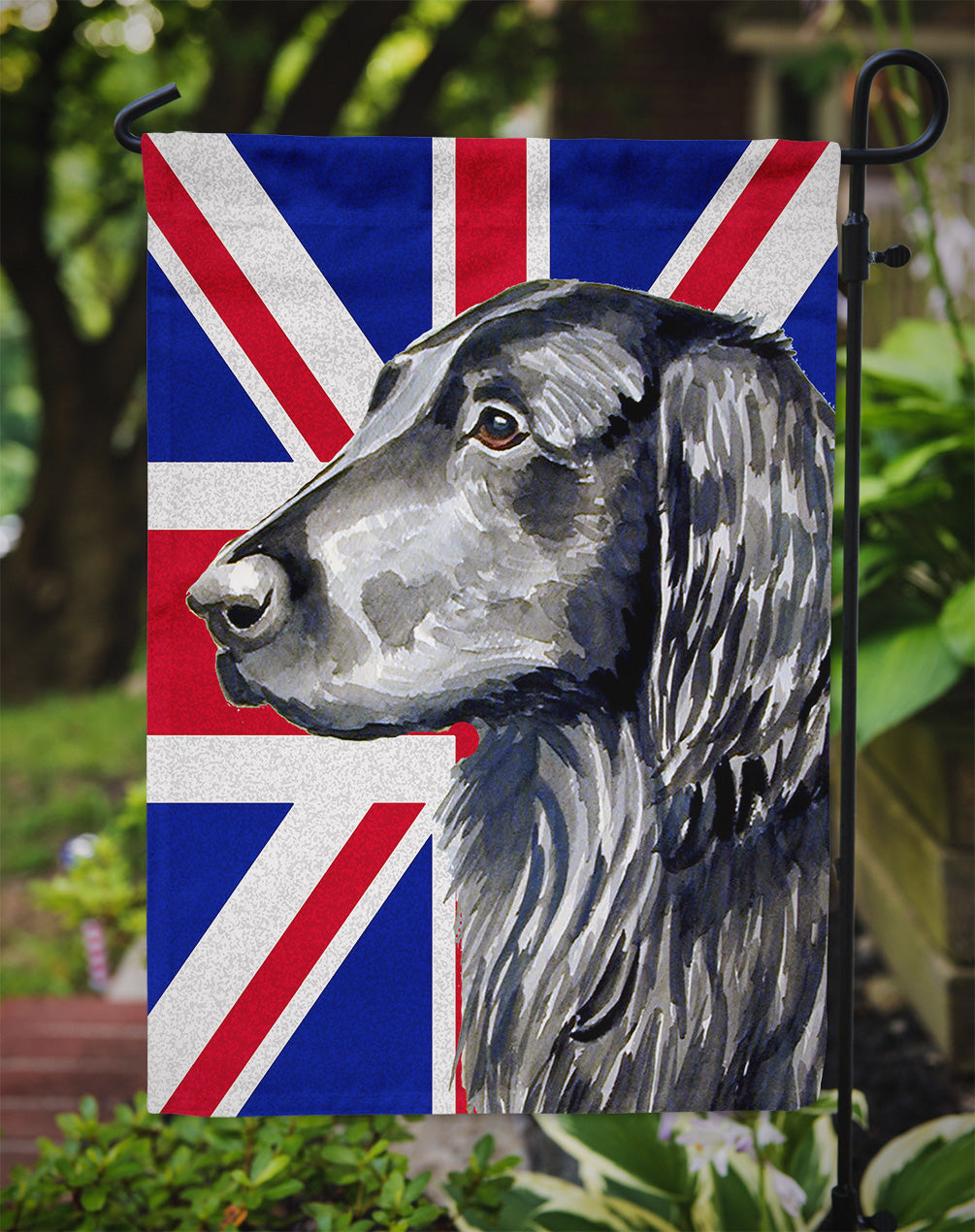 Flat Coated Retriever with English Union Jack British Flag Flag Garden Size  the-store.com.