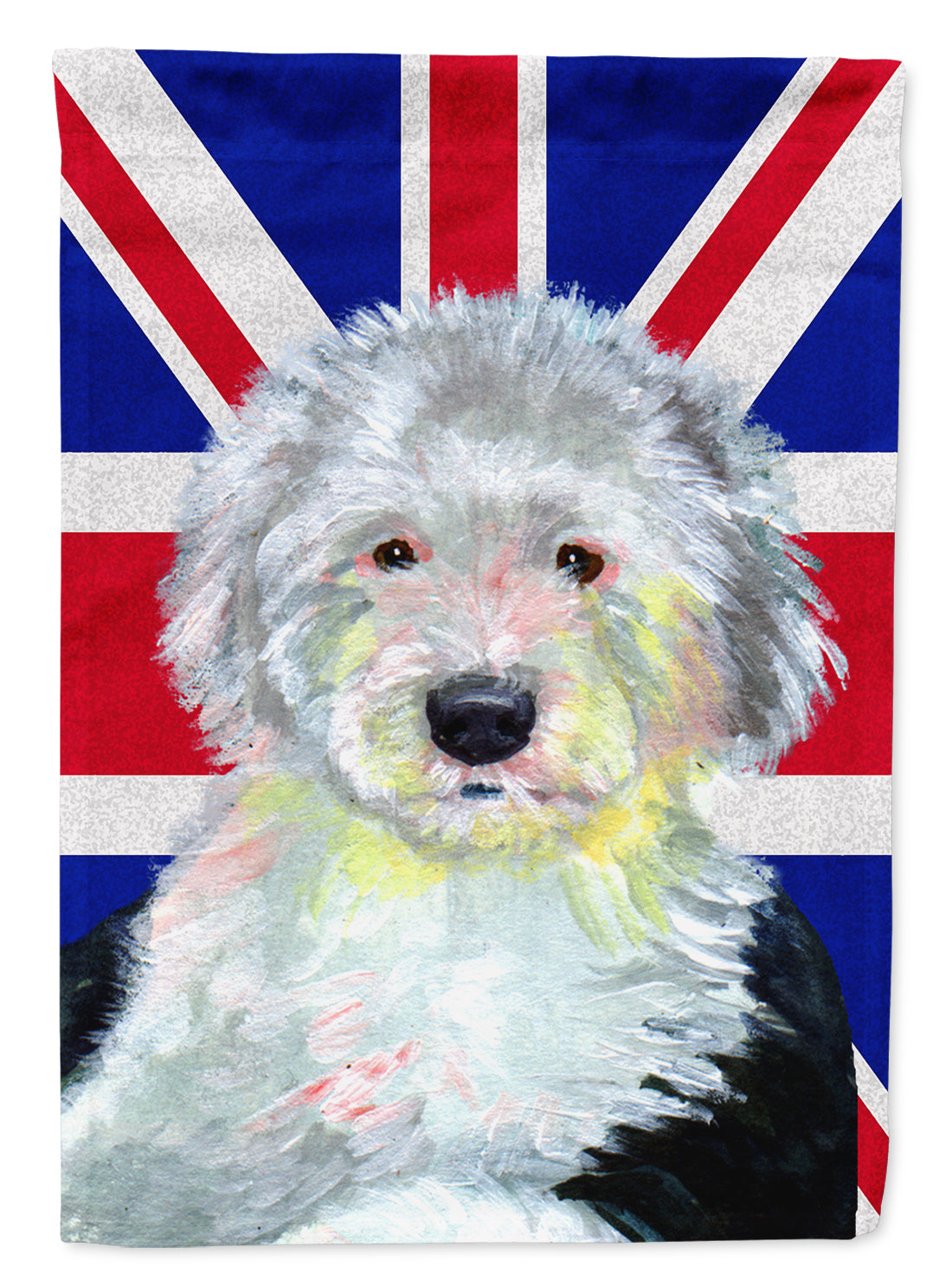 Old English Sheepdog with English Union Jack British Flag Flag Canvas House Size LH9497CHF  the-store.com.