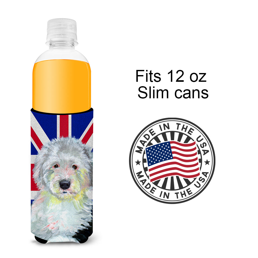 Old English Sheepdog with English Union Jack British Flag Ultra Beverage Insulators for slim cans LH9497MUK.