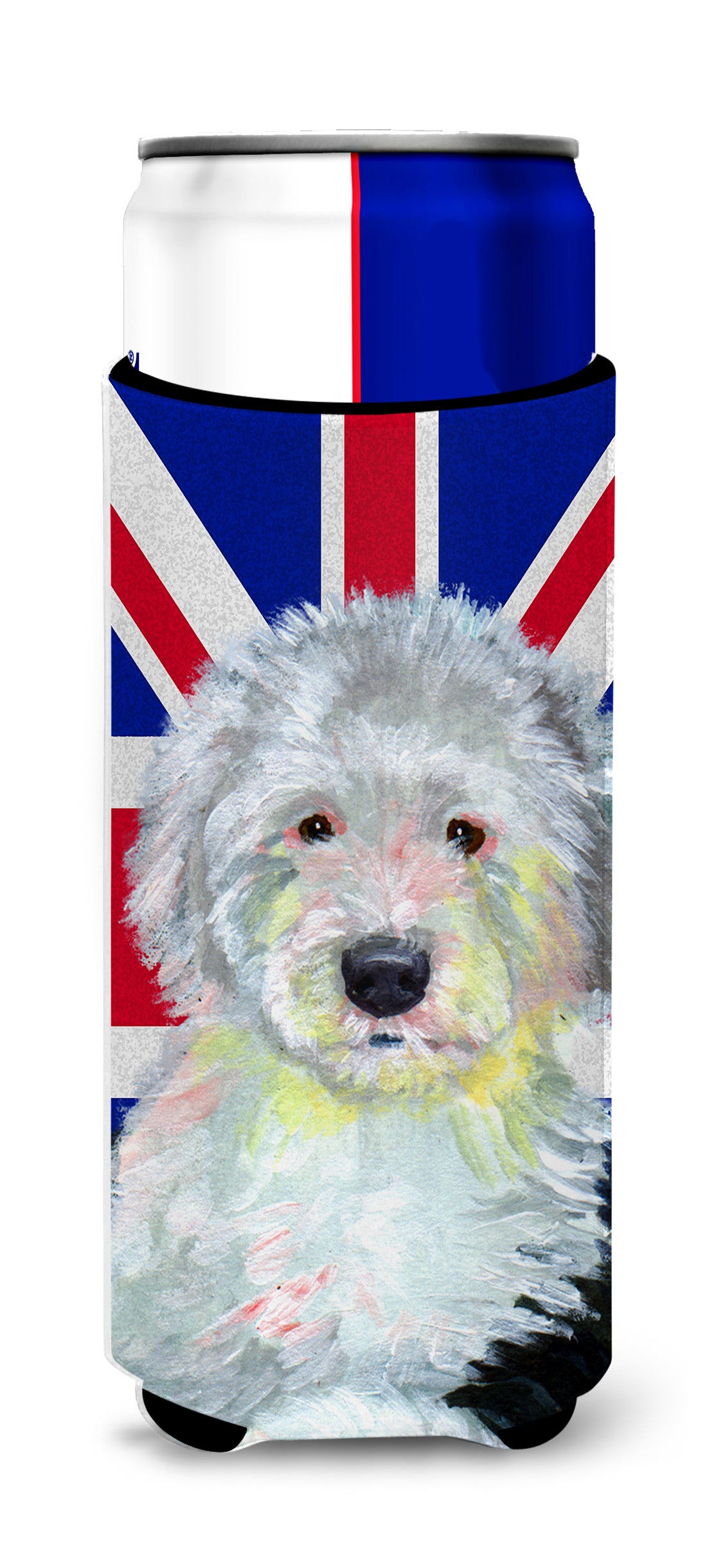 Old English Sheepdog with English Union Jack British Flag Ultra Beverage Insulators for slim cans LH9497MUK.