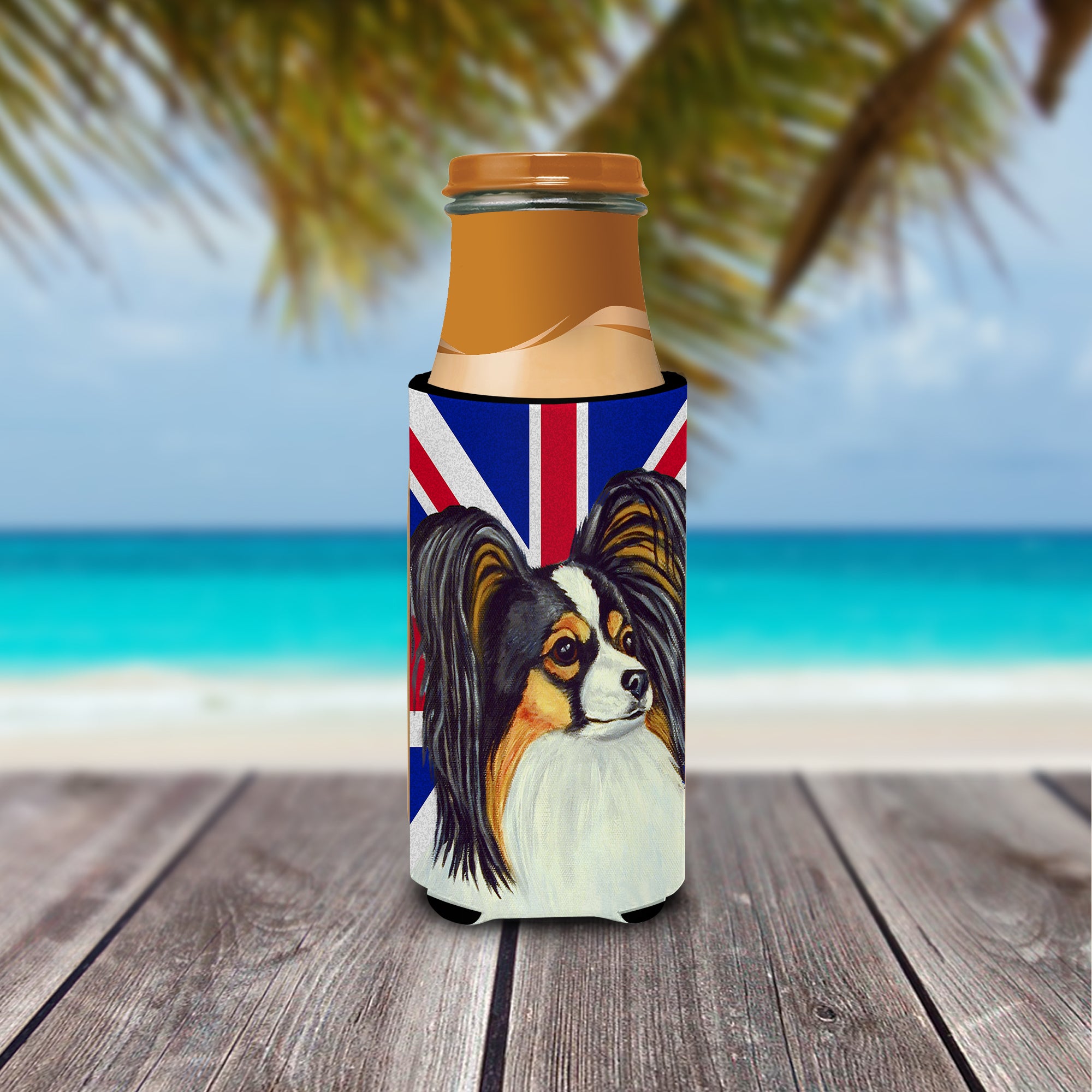 Papillon with English Union Jack British Flag Ultra Beverage Insulators for slim cans LH9503MUK.