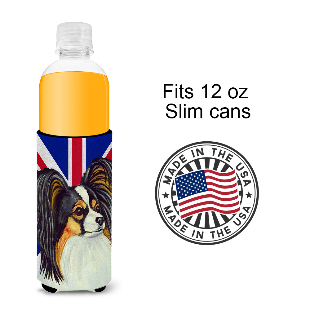 Papillon with English Union Jack British Flag Ultra Beverage Insulators for slim cans LH9503MUK.