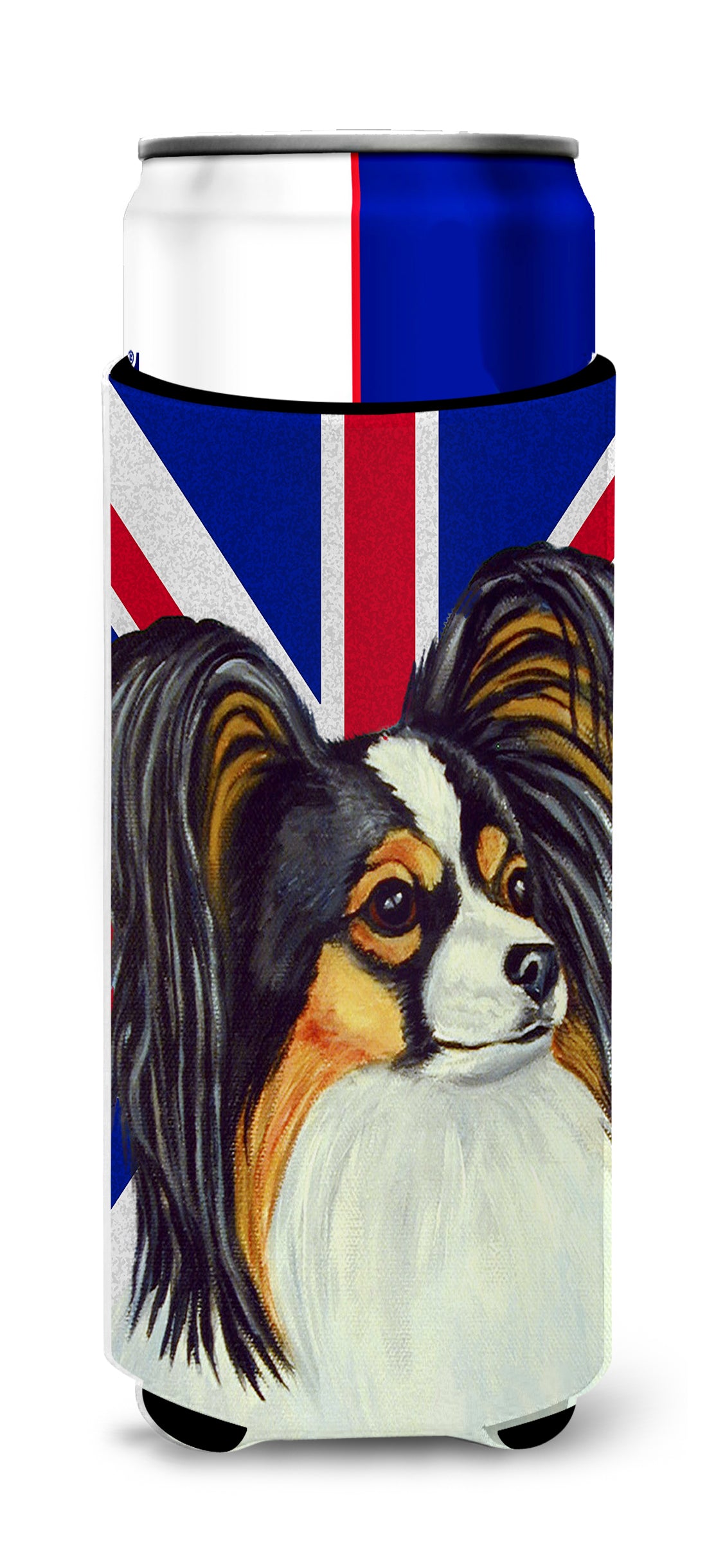 Papillon with English Union Jack British Flag Ultra Beverage Insulators for slim cans LH9503MUK.