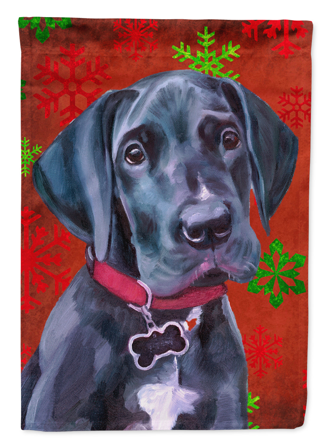 Black Great Dane Puppy Red Snowflakes Holiday Christmas Flag Garden Size LH9579GF  the-store.com.