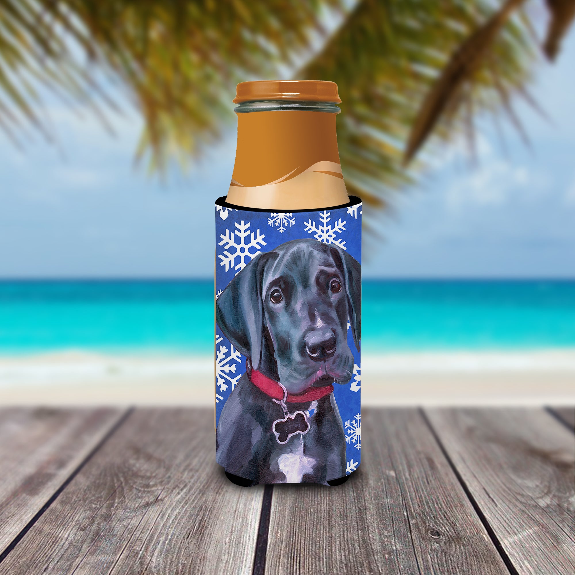 Black Great Dane Puppy Winter Snowflakes Holiday Ultra Beverage Insulators for slim cans LH9586MUK  the-store.com.