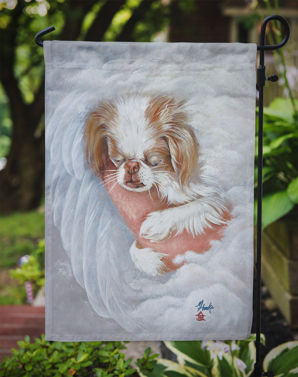 Japanese Chin in an Angels Arms Flag Garden Size MH1037GF.