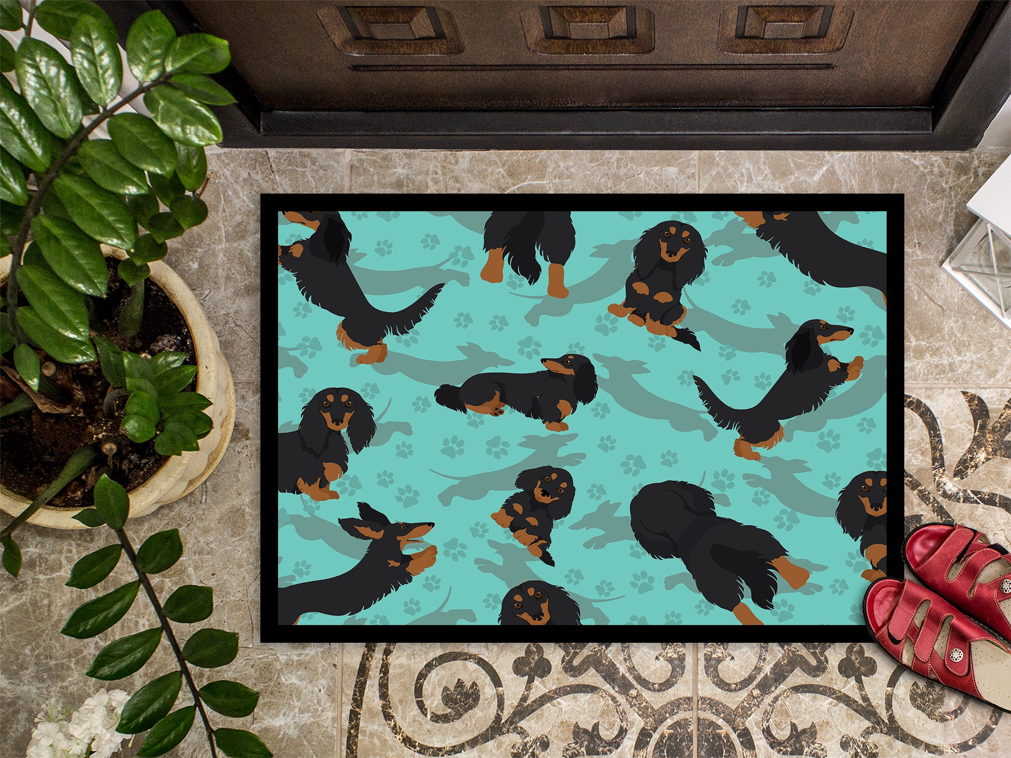 Longhaired Black Tan Dachshund Indoor or Outdoor Mat 24x36 - the-store.com